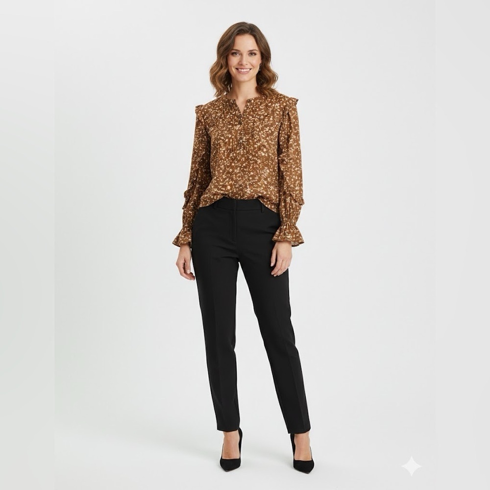 Time And True Women’s Pintuck Ruffle Blouse With Long Sleeves, color Warm Coffee